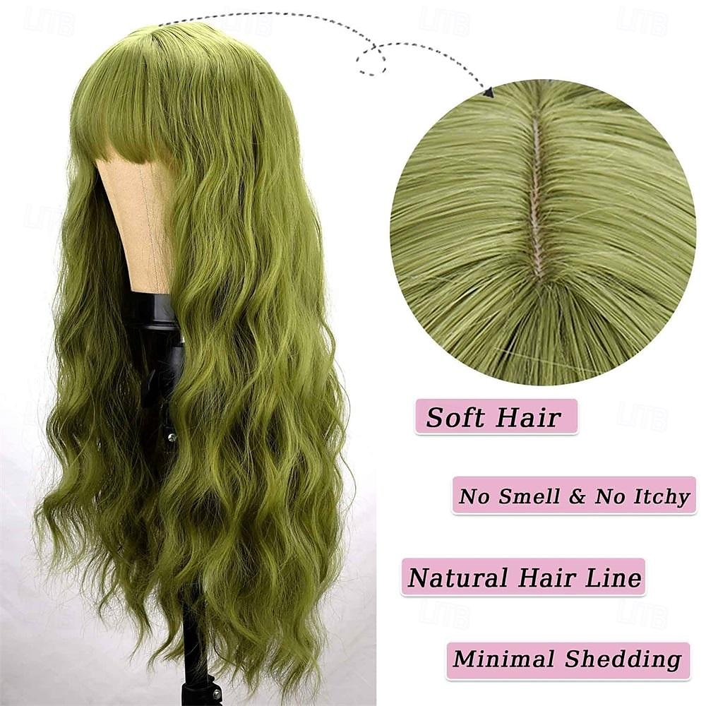 Green Wig with Bangs Soft Long Wavy Wigs for Women Curly Synthetic Fiber Wig Replacement Halloween Costumes Cosplay Party Wigs St.Patrick's Day Wigs 2025 - $21.99 –P11