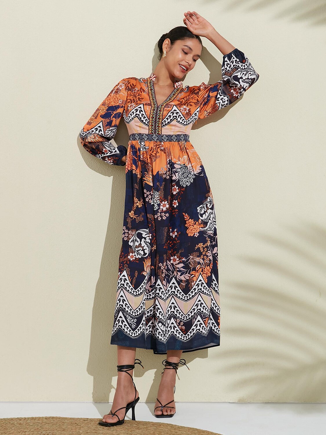 vestido boho floral con cuello en v y puños elásticos 2025 - $72.99 –P7