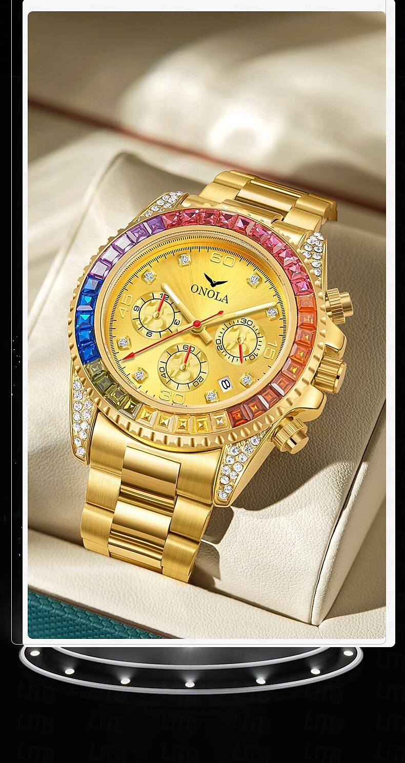 ONOLA Luxury Iced Watches Men Automatic Date Multifunctional Steel Clocks Fashion Rainbow Diamond Quartz Wristwatch 2025 - $48.99 –P9