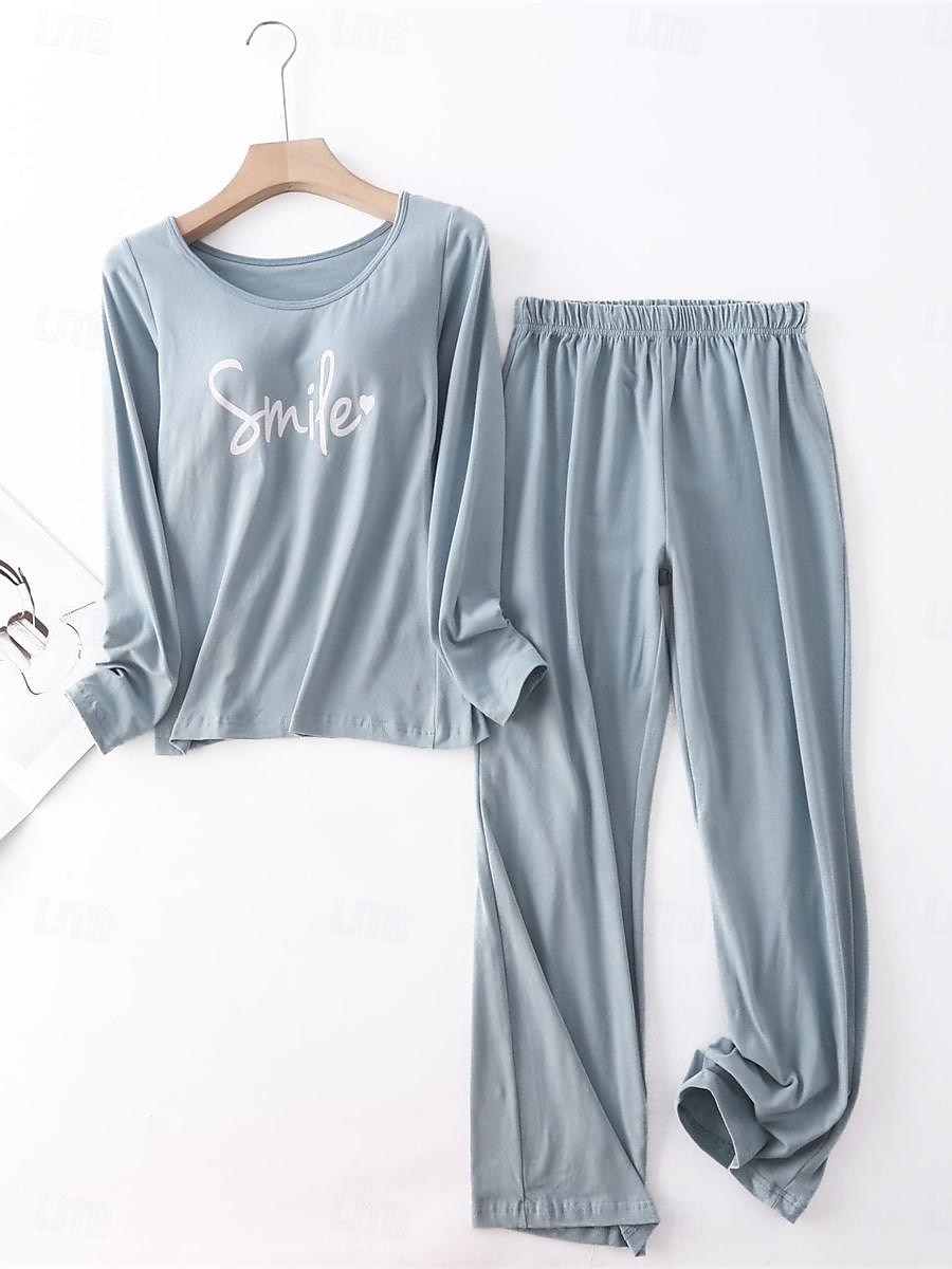 kvinnors pyjamasset brev mode komfort hem daglig säng bomull andas rund hals långärmad t-shirt t-shirt byxa bröstkuddar sommar vår hem outfits 2025 - $25.99 –P9