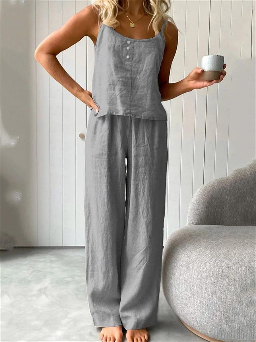 Conjuntos de pijama de dos piezas para mujer, sencillos, básicos, cómodos, de color puro, de algodón y lino, con tirantes, para uso diario en casa, para cama, sin mangas, con tirantes, en blanco, azul, gris claro, gris oscuro, para verano. 2025 - $33.99 –P2