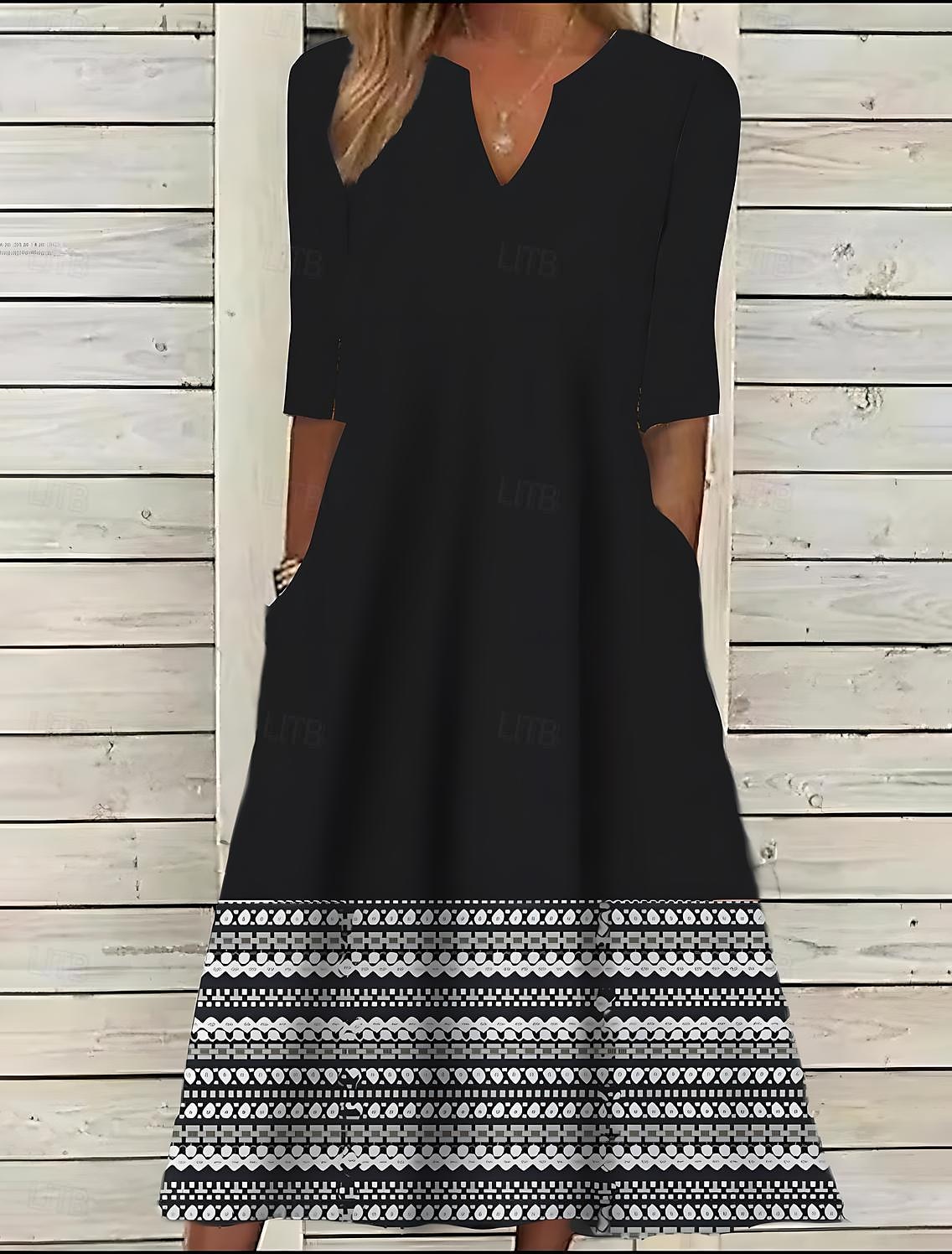 Mujer Vestido Midi Vestido Étnico Vestido de verano Vestido Estampado Vintage Étnico Tribal Exterior Diario Cita Ajuste regular Floral Tribal Media Manga cuello partido Negro Verano Primavera 2026 - $43.99 –P6