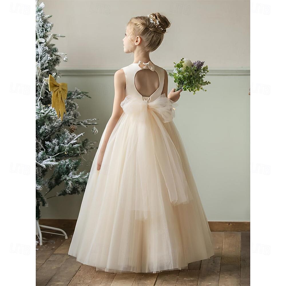 Barn Jente Blomsterjente kjole Festkjole Helfarge Ermeløs Bryllup jubileum Fest Mote Bedårende Daglig Polyester Vår Høst Vinter 2-12 år Hvit Champagne Gul 2025 - $53.99 –P3
