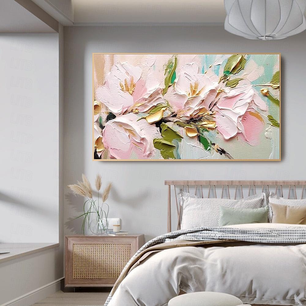 Hand painted 3D Flower Textured oil painting Wall Art Abstrat Pink Gold ...
