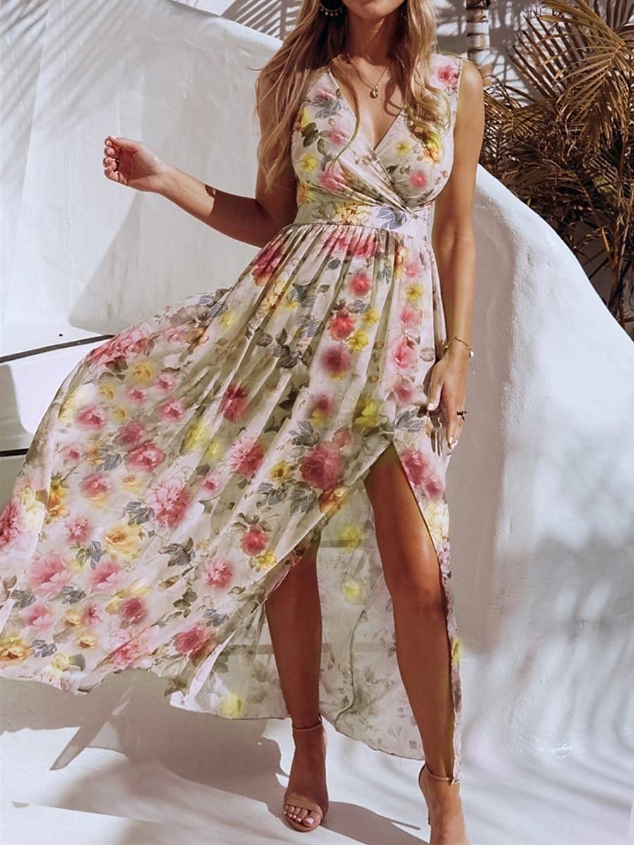 Dam Långklänning Maxiklänning Vardagsklänning Swingklänning A linjeklänning Sommarklänning Hawaiisk Maxi Boho Semester Gata Helgdag Normal Blommig Ärmlös V-hals Gul Rodnande Rosa Grön Ljusblå Sommar 2025 - $41.99 –P17