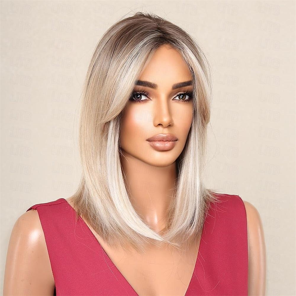 parrucca bionda con frangia parrucche bionde corte e ondulate con radici scure per donne capelli sintetici resistenti al calore parrucche carine dall'aspetto naturale per del 2025 a $18.99 –P4