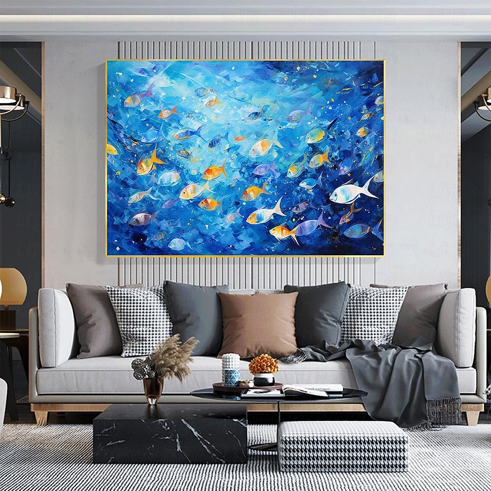 Hand painted Abstract Swimming Fishes Oil Painting on Canvas Extra Large Handmade Wall Art  Blue Ocean Art painting Custom Painting Minimalist artwork for Living Room Decor 2026 - $108.99 –P5