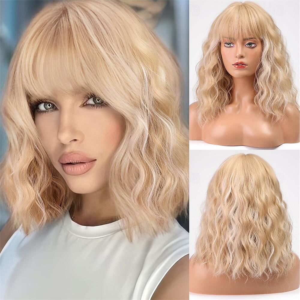 perruques bouclées brunes ombrées avec frange, perruques bouclées à reflets bruns pour femmes, perruques synthétiques résistantes à la chaleur, mode femmes brunes avec reflets blonds de 2025 ? $26.99 –P1