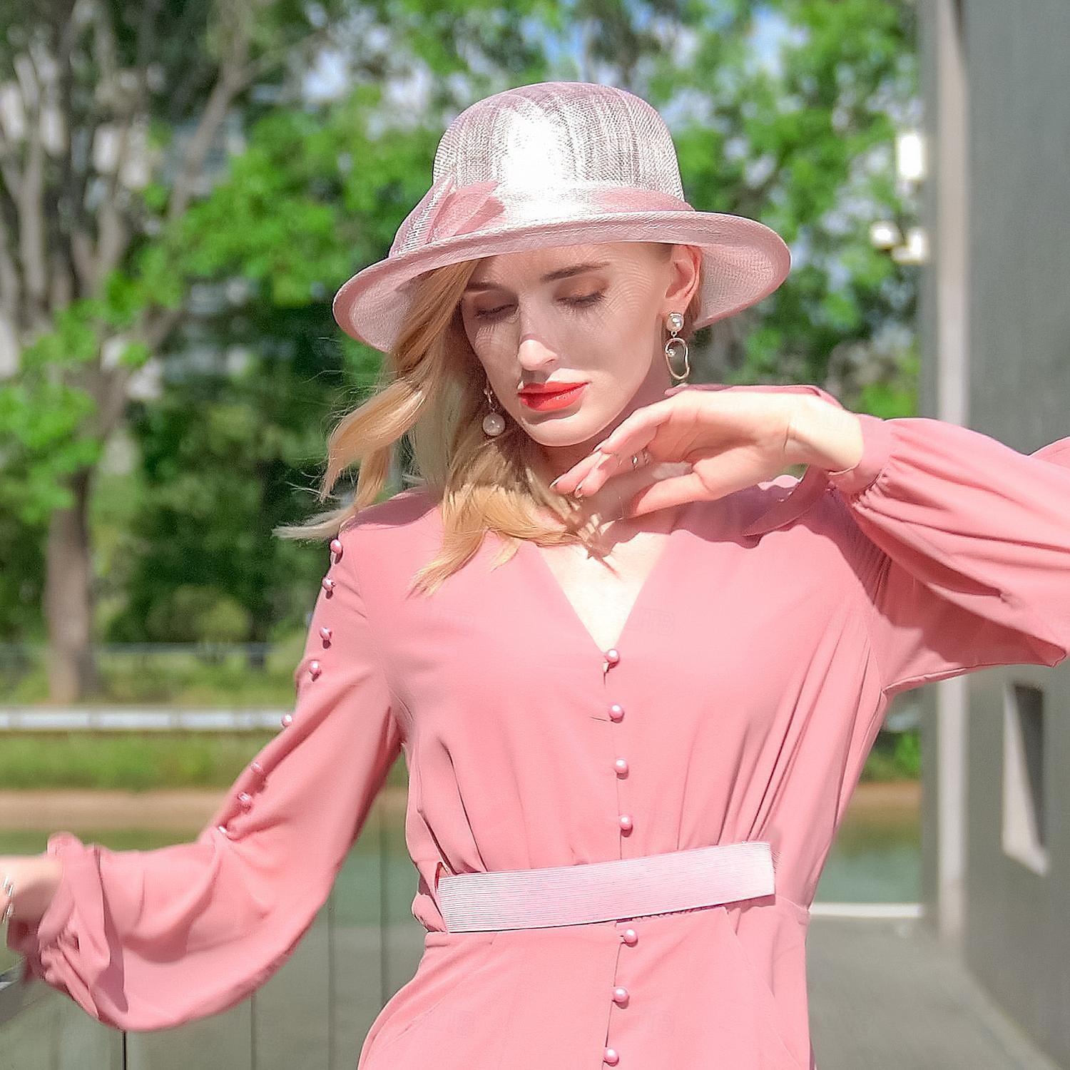 Chapeaux melon en lin/chapeau cloche, chapeau seau, chapeau de soleil, fête de thé, mariage élégant avec nœud papillon, couvre-chef de 2025 ? $49.99 –P14