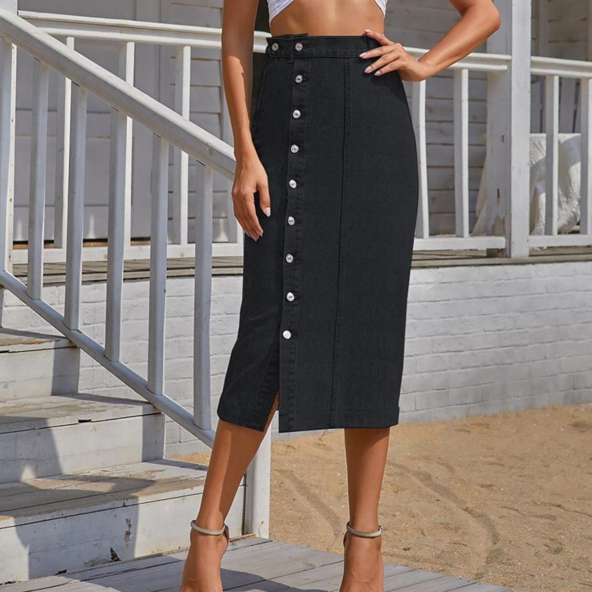 Femme Jupe Jupe mi-longue en jean Mode Décontractées Midi Taille haute Jupes Couleur Pleine Pointes fourchues Casual Quotidien Fin de semaine Noir bleu marine Bleu de minuit Eté Jean de 2025 ? $31.99 –P9