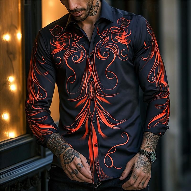 Herren Totem Knopfhemd Bedruckte Hemden Langarm Subkulturell Urlaub Party Strasse Frühling Sommer Umlegekragen Bedruckt Button-Down Rote Purpur Orange 2025 - $24.99 –P1