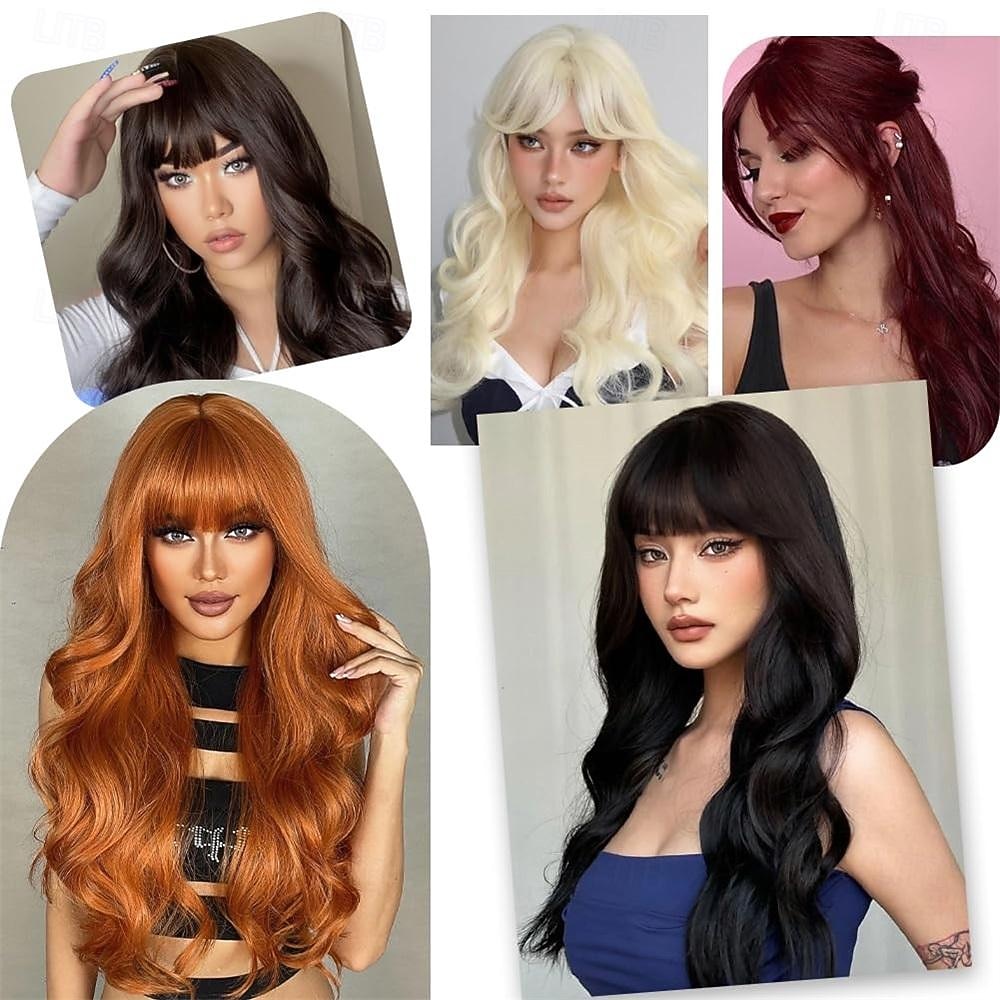 Perruque ondulée longue marron moyen avec frange pour femme 26 pouces d'aspect naturel en fibre synthétique résistante à la chaleur de remplacement de cheveux d'aspect naturel perruque longue ondulée de 2025 ? $29.99 –P6