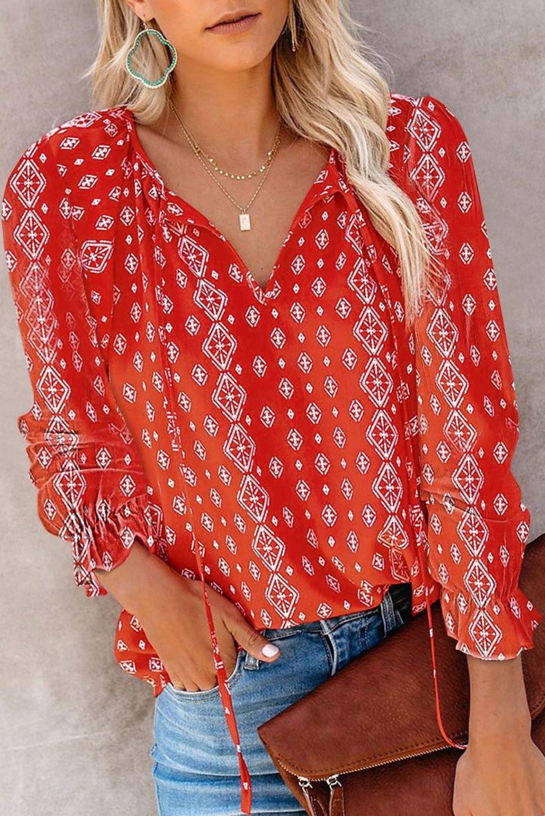 camicia da donna camicia boho camicetta moda floreale geometrico con lacci stampa manica lunga top regolari scollo a V casual festa nero bianco rosa vino rosso primavera& autunno del 2025 a $27.99 –P1