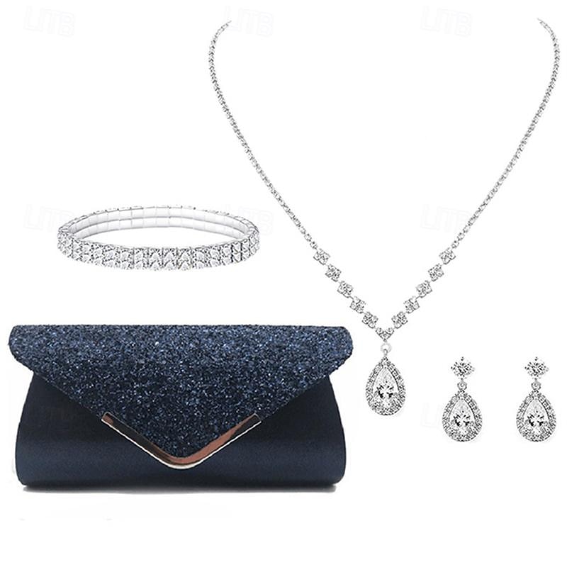 Sac à Main pour Femmes Ensemble de Bijoux en Diamant Aquatique Éclatant Collier Boucles d'Oreilles Bracelet 4 Ensemble Pochette de Mariage Cadeau de Noël de 2025 ? $27.99 –P1