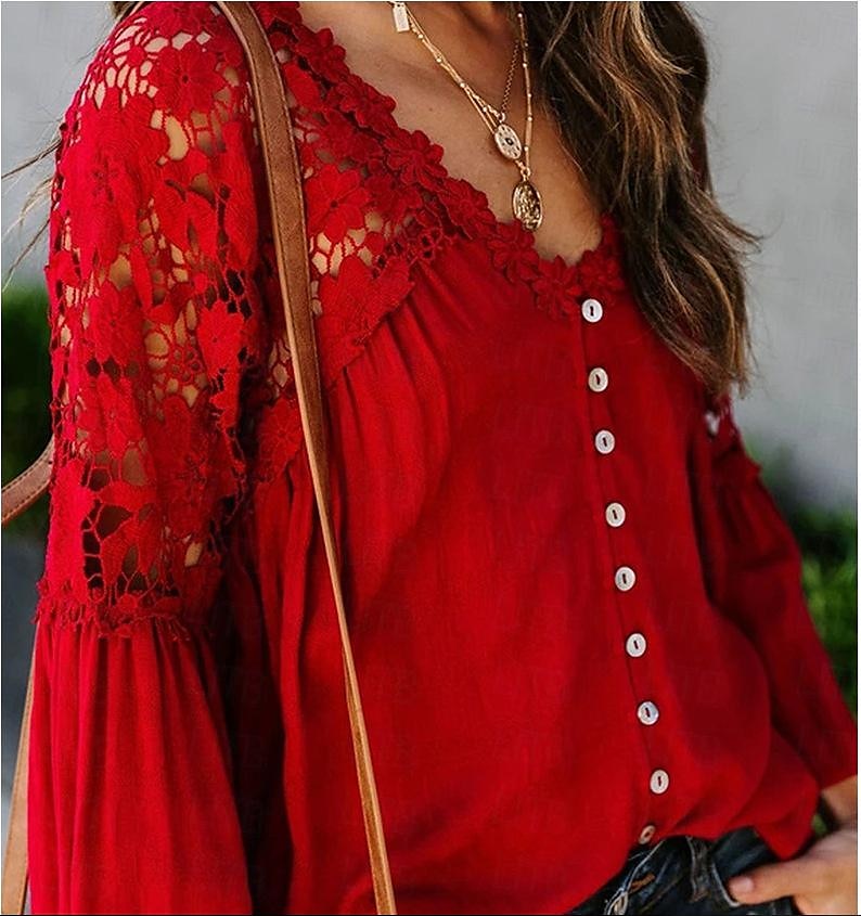 Shirt Boho Shirt Lace Shirt Blouse Women's Black White Pink Solid Color Lace Button Street Daily Fashion V Neck S 2025 - $24.99 –P7