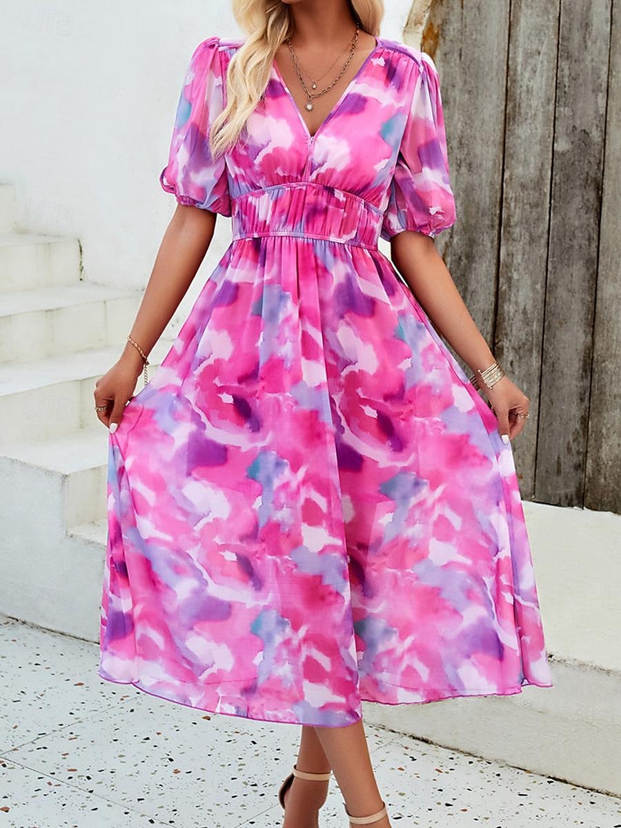 robe décontractée pour femme imprimé floral col en V robe midi ethnique bohème vacances manches courtes été de 2025 ? $29.99 –P20