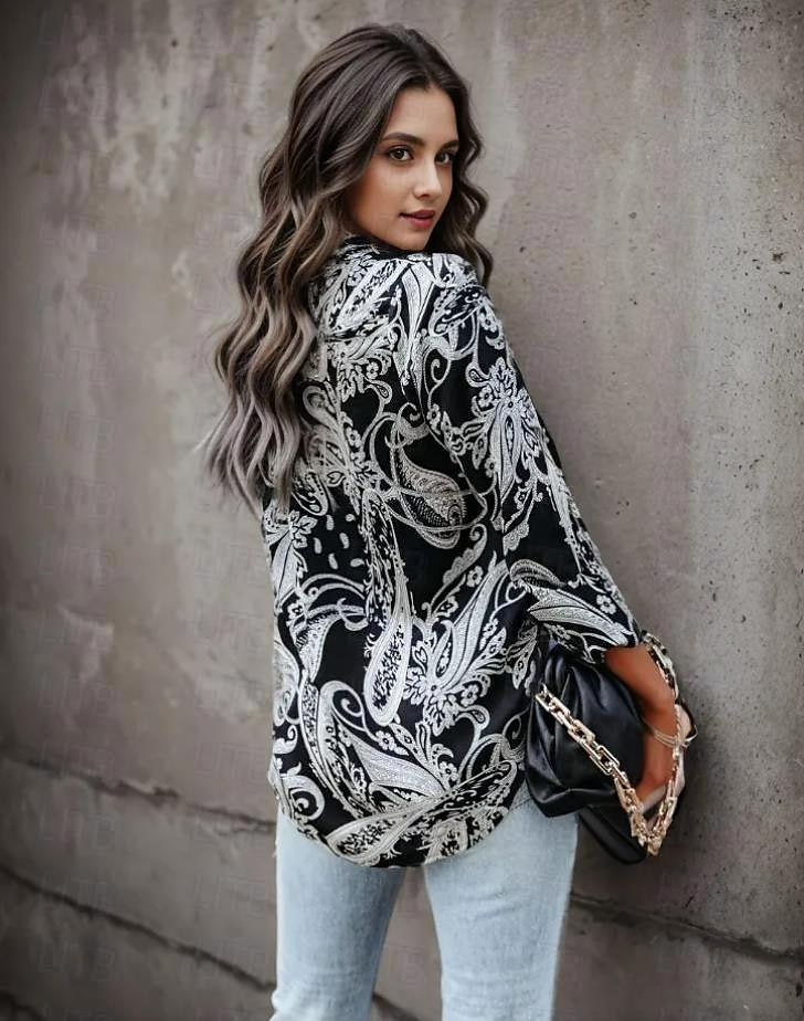 Chemise Femme Manches Longues Blouse à Boutons Mode Imprimé Paisley Classique Regular Tops Col Chemise Décontracté Noir Printemps  Automne de 2025 ? $26.99 –P5