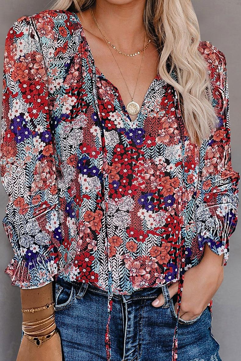 camicia da donna camicia boho camicetta moda floreale geometrico con lacci stampa manica lunga top regolari scollo a V casual festa nero bianco rosa vino rosso primavera& autunno del 2025 a $27.99 –P6