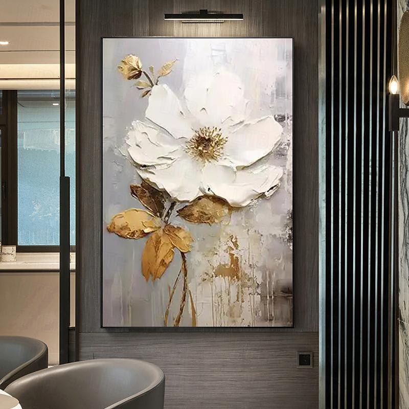 Handgemaltes großes Blumentexturgemälde, 3D-Texturgemälde, abstraktes Goldblumengemälde, originales goldenes Wandkunst-Blumengemälde für Wohnzimmer, Heimdekoration, gespannter Rahmen, fertig zum 2025 - $150.99 –P8