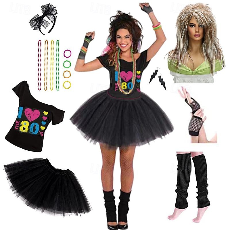 Disco Años 80 Y2K Falda Accesorios T-Shirt Retro Sin Cuello Mujer Chica Fiesta y Noche Discoteca Desfile del orgullo Adulto Más Accesorios Primavera verano 2025 - $54.99 –P17