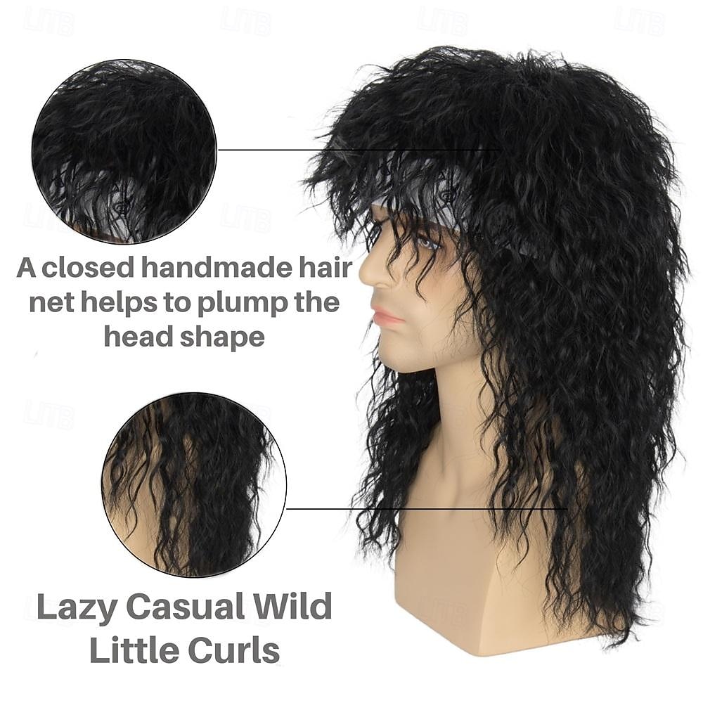 Men's 80s Mullet Wig Black Curly Wig Punk Rocker Wig Party Cosplay Hair with Accessories Halloween Wigs 2025 - $23.99 –P4