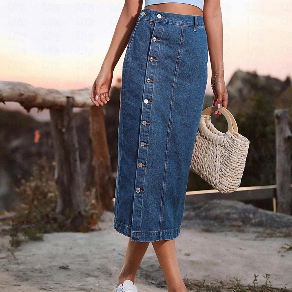 Femme Jupe Jupe mi-longue en jean Mode Décontractées Midi Taille haute Jupes Couleur Pleine Pointes fourchues Casual Quotidien Fin de semaine Noir bleu marine Bleu de minuit Eté Jean de 2025 ? $31.99 –P7