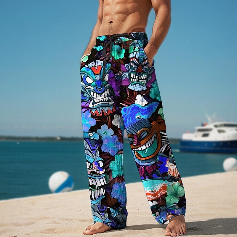 Tiki Tropical Aloha мужские курортные повседневные брюки с 3D принтом брюки с эластичной резинкой на талии и шнурком свободного покроя прямые летние пляжные брюки от s до 3xl 2025 - $25.99 –P11