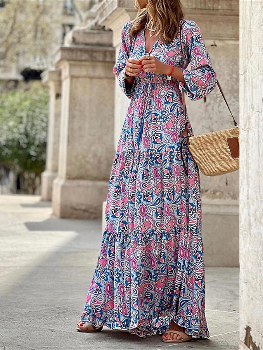 Damen kleid lang Paisley-Kleid Casual kleid Boho Chic Kleider Boho-Kleid Böhmen Ethnisch A-Linie Urlaub Strasse Festtage Lockere Passform Paisley-Muster Langarm V Ausschnitt Rosa Blau Grün Sommer 2025 - $52.99 –P4