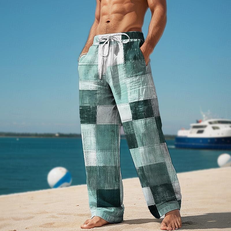 Pantalon décontracté imprimé en 3D à carreaux color block pour hommes, taille élastique, cordon de serrage, coupe ample, jambe droite, pantalon de plage d'été s à 3xl de 2026 ? $27.99 –P3