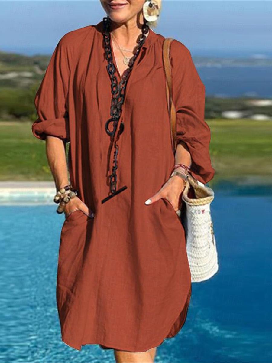 Women's Black Blue Brown Summer Spring Mini Dress Cotton Linen Dresses Shirt Dress Casual Dress Basic Modern Daily Weekend Loose Fit Plain Split Neck 2025 - $26.99 –P1