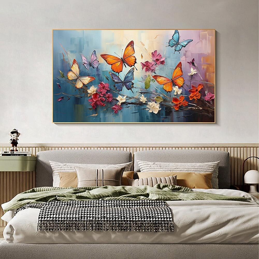 Großes handgemaltes abstraktes buntes Schmetterlings-Ölgemälde auf Leinwand, handgemaltes Blumengemälde, Tiergemälde, Textur, Tiergemälde, Wandkunstbild für Wohnzimmer, Heimdekoration 2025 - $108.99 –P4