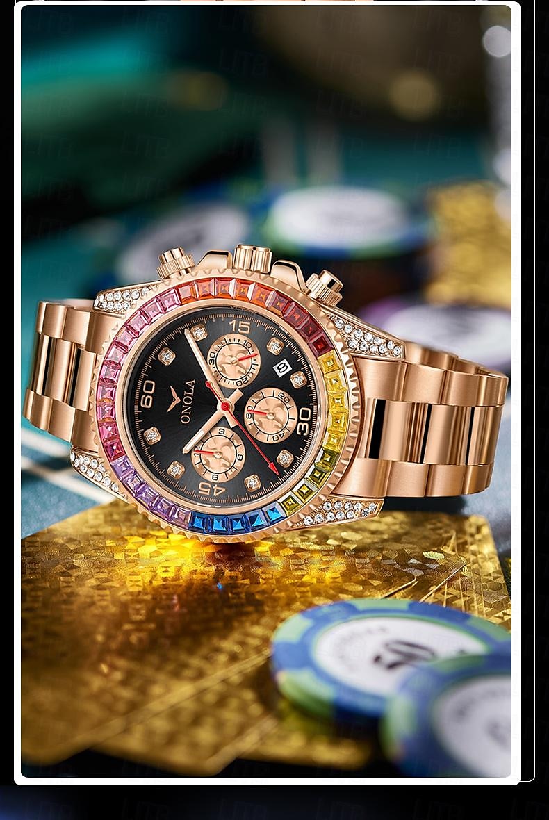 ONOLA Luxury Iced Watches Men Automatic Date Multifunctional Steel Clocks Fashion Rainbow Diamond Quartz Wristwatch 2025 - $48.99 –P7