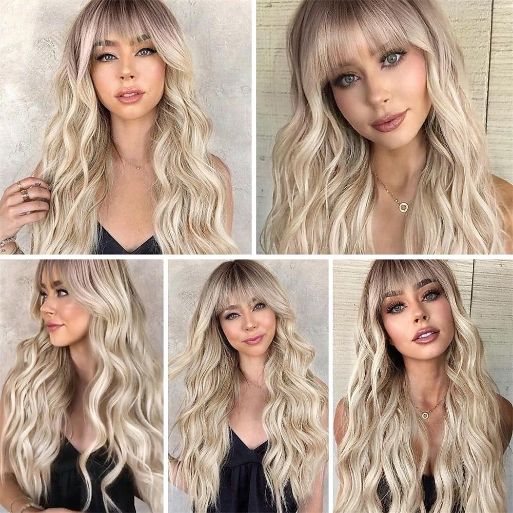 Ombre perucas loiras sujas com bangsash loira longa peruca ondulada para mulheres peruca de cabelo sintético longo encaracolado para festa uso diário 24in de 2025 por $29.99 –P2