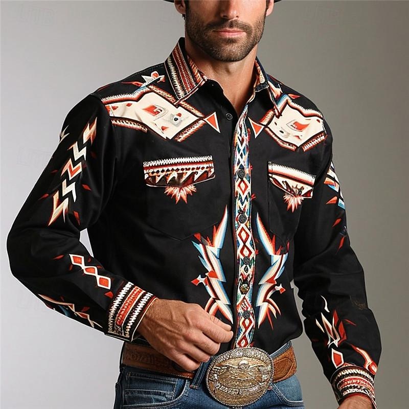 Per uomo Geometria Camicia Western Camicia da cowboy Manica Lunga Vintage Stile Western Abbigliamento quotidiano Uscire Weekend Primavera Collo ripiegato Tasca Stampato Bottonato Nero Blu marino del 2026 a $28.99 –P1