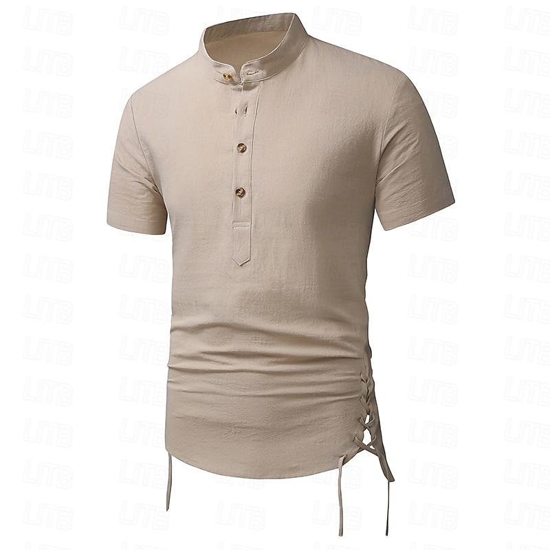 Hombre Camisa camisa de lino Camisa de lino de algodón Camisa de algodón blanca Camisa de cuello chino Camisa de cuello mandarín Plano Vacaciones Calle Negro Blanco Azul Marino Caqui Manga Corta 2025 - $30.99 –P11