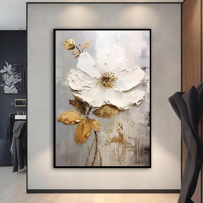 Handgemaltes großes Blumentexturgemälde, 3D-Texturgemälde, abstraktes Goldblumengemälde, originales goldenes Wandkunst-Blumengemälde für Wohnzimmer, Heimdekoration, gespannter Rahmen, fertig zum 2025 - $150.99 –P9