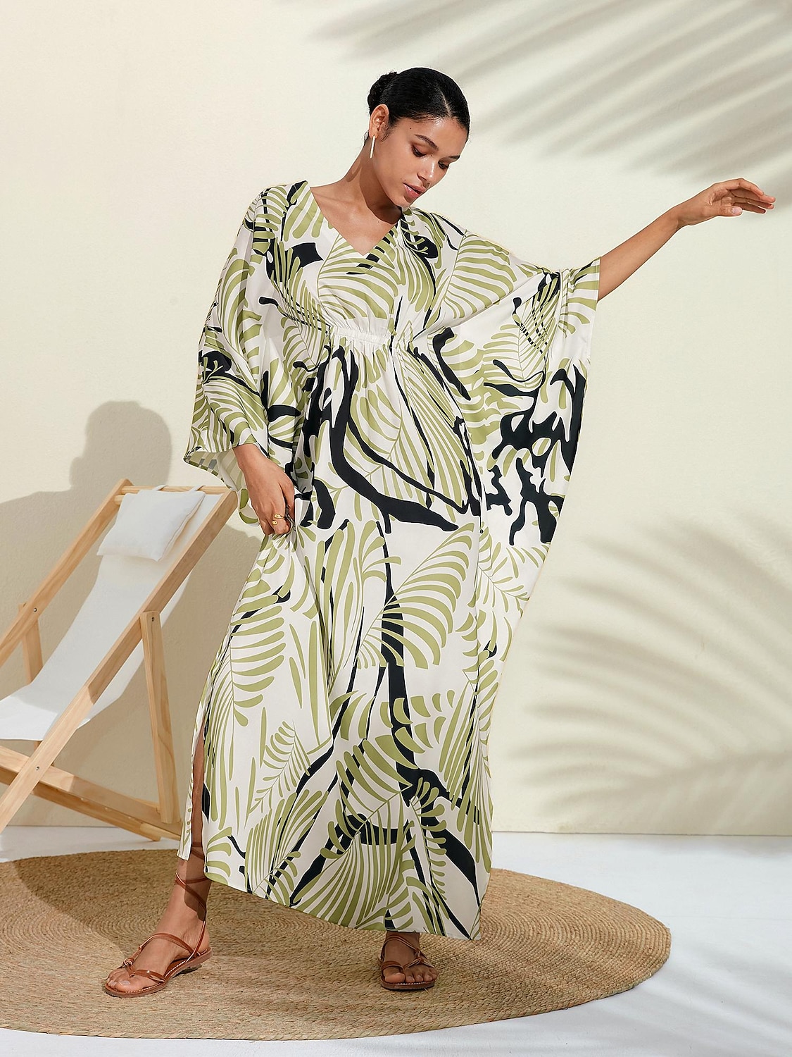 Satin Floral V Neck Maxi Dress Kaftan Dress 2024 - $48.99 –P5