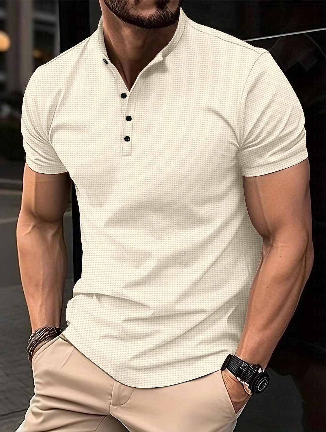 Homme T shirt Tee Polo gaufré Travail Plein Air Mao Manches courtes Couleur unie Basique Eté Ample Noir Rouge Marine foncé Kaki Vert Véronèse T shirt Tee de 2025 ? $13.99 –P2