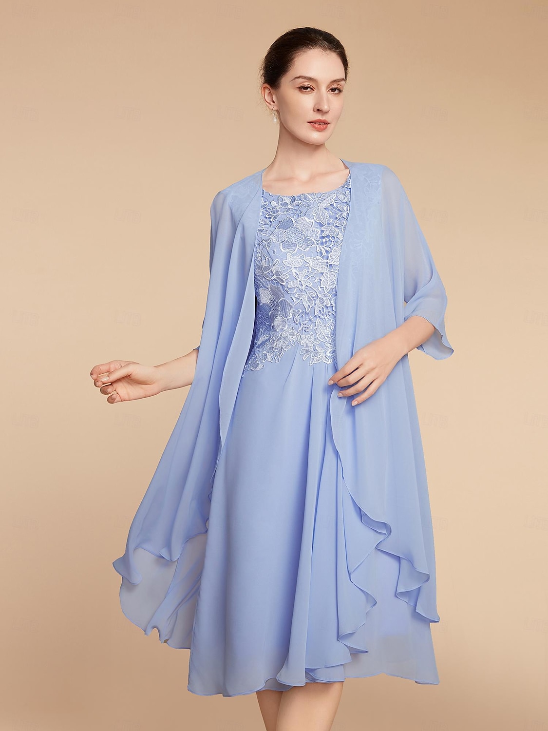 Completo Due Pezzi Abito a Tubo Madre della Sposa Ospite di Nozze Elegante Piccolo Scollatura a Costa Lunghezza al Ginocchio Chiffon Pizzo Manica Mezza con Ruching Colore Solido taglia personalizzata del 2025 a €158.99 –P1