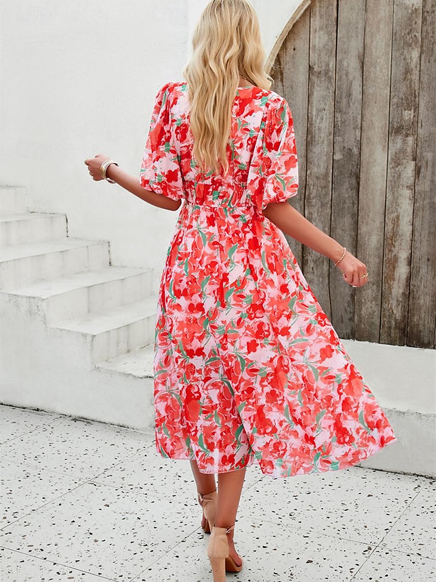 robe décontractée pour femme imprimé floral col en V robe midi ethnique bohème vacances manches courtes été de 2025 ? $29.99 –P6