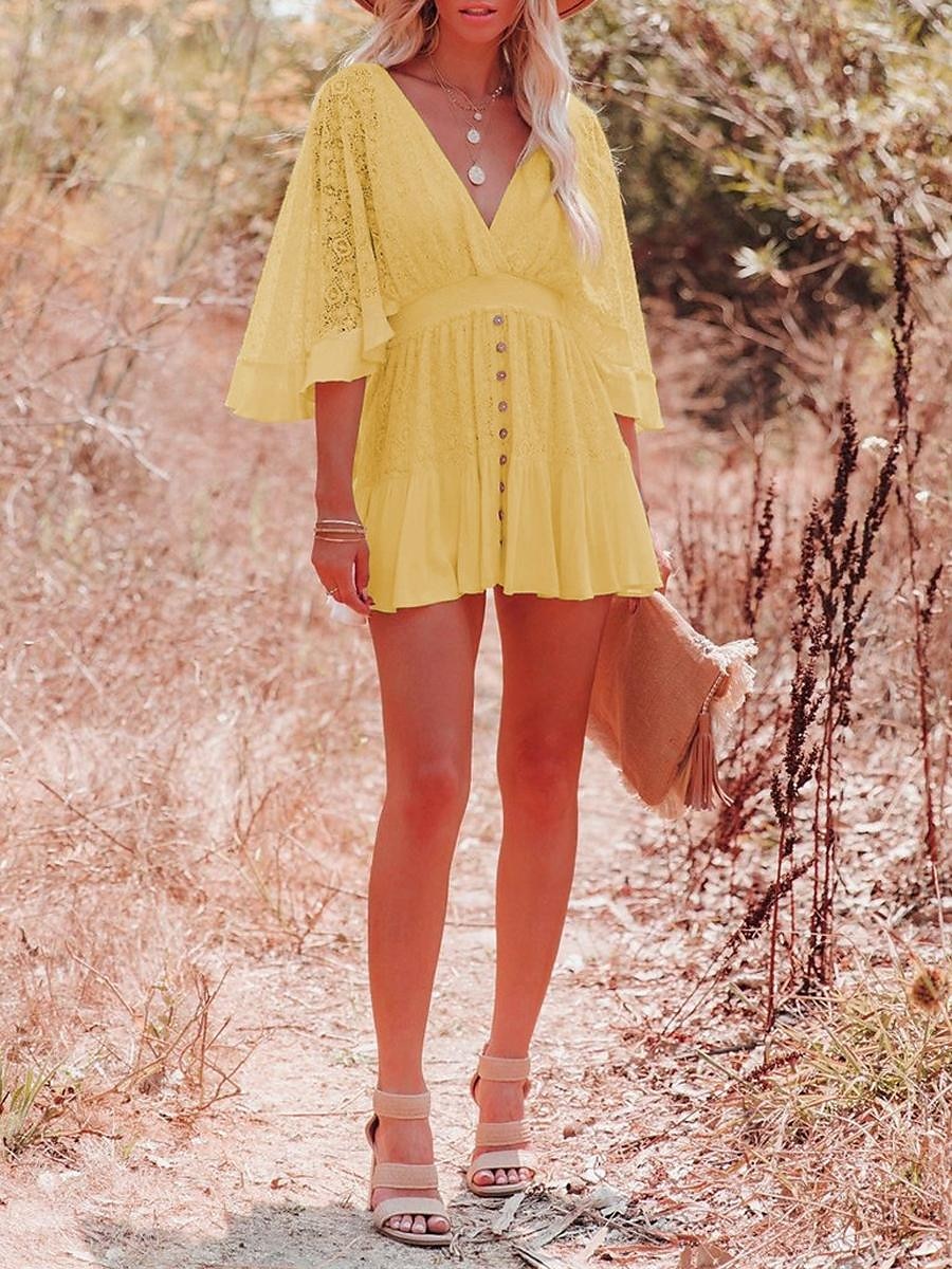 Women's Mini Dress White Dress Lace Dress Boho Chic Dresses Boho Dress Bohemia A Line Date Regular Fit 3/4 Length Sleeve V Neck Black White Yellow Pink Summer Spring 2025 - $41.99 –P15