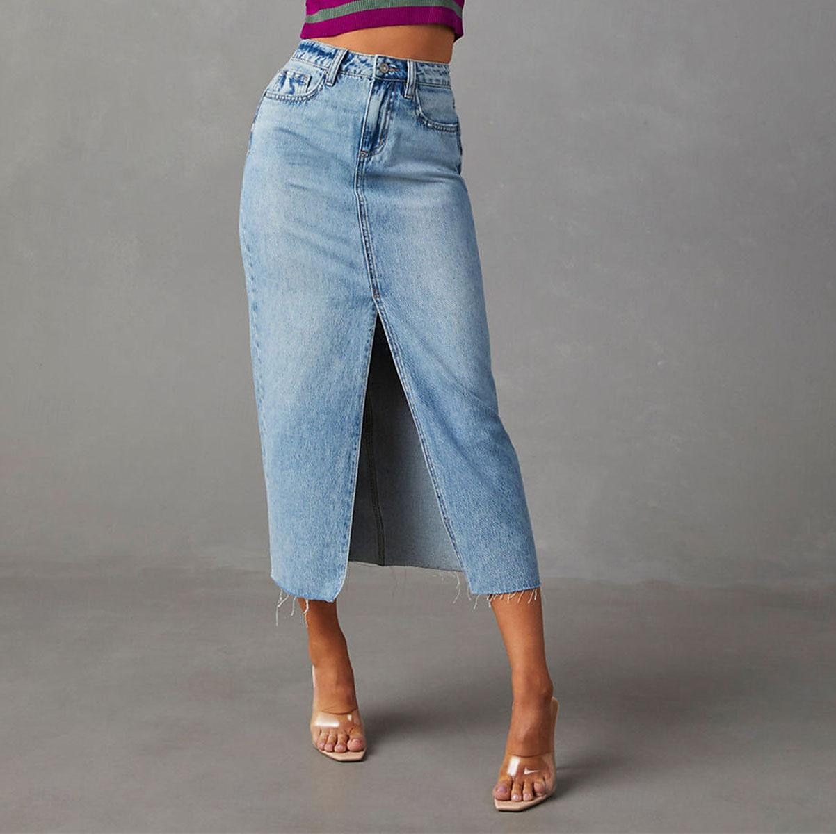 Femme Jupe Trapèze Jupe mi-longue en jean Mode Décontractées Midi Taille haute Jupes Couleur Pleine Poche Pointes fourchues Plein Air du quotidien Bleu Bleu clair Eté Jean de 2025 ? $31.99 –P7