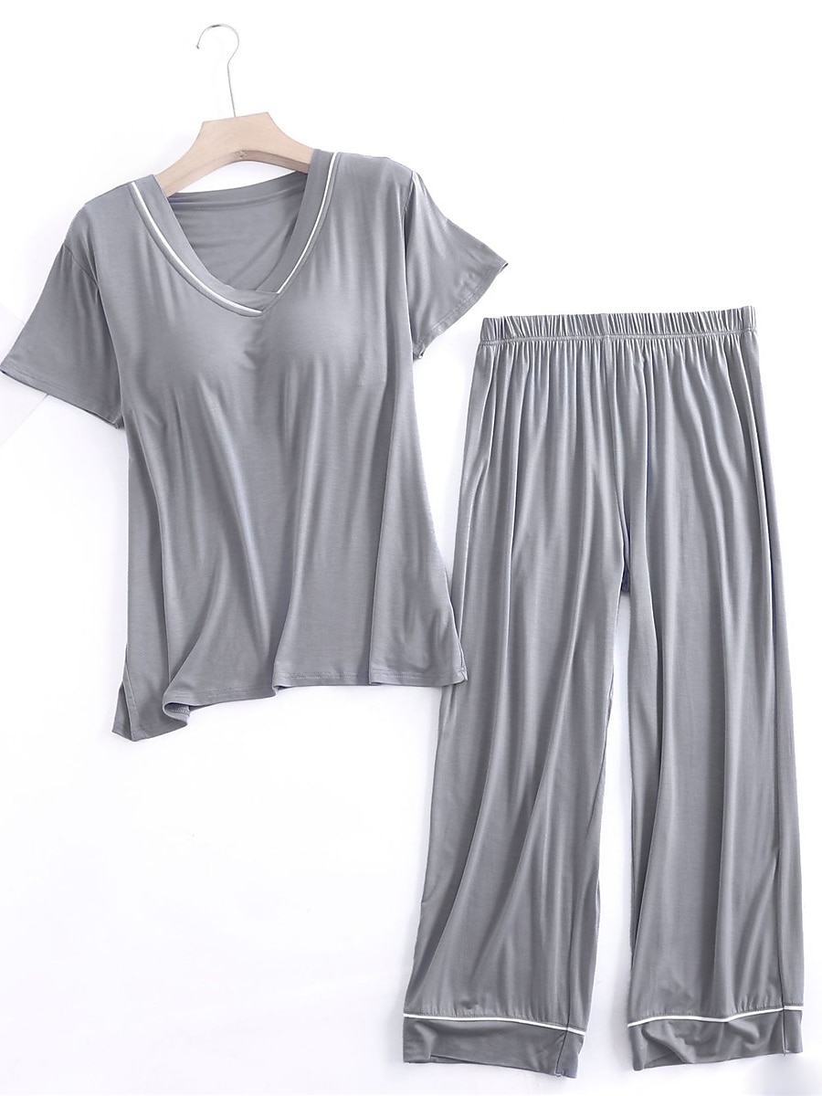 Women's Pajamas Sets Pure Color Fashion Simple Comfort Home Daily Bed Modal Breathable V Wire Short Sleeve T shirt Tee Pant Chest pads Summer Home Outfits 2025 - $29.99 –P3
