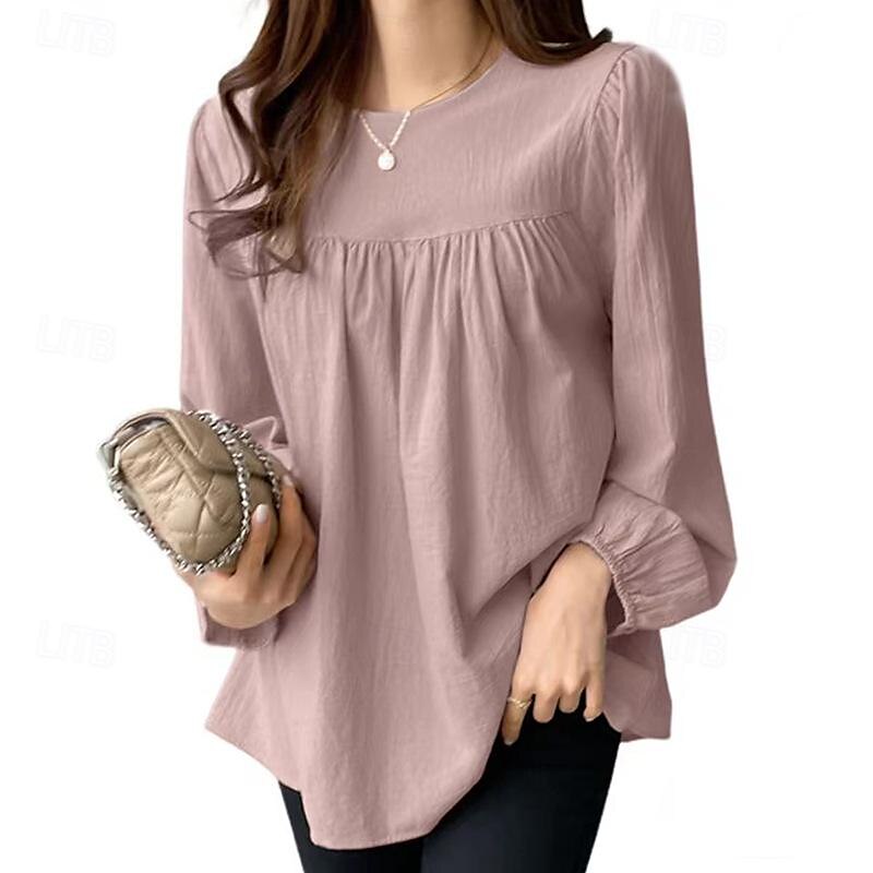 Leinenhemd Langes Baumwolltop Weißes Baumwolltop Weiße Baumwollbluse Damen Weiß Rosa Armeegrün Einfarbig Puffärmel Straße Täglich Mode Rundhals Baumwoll-Leinen Normale Passform S 2025 - $24.99 –P5