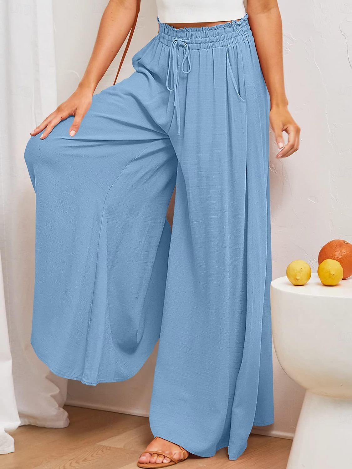 Femmes Jambe large Pantalon en coton et lin Pantalons Mode Longueur complète Trèfle Cordon de serrage Poches Latérales in in france they say Pontalon wide leg Respirabilité Confortable Non Elastique de 2025 ? $33.99 –P4