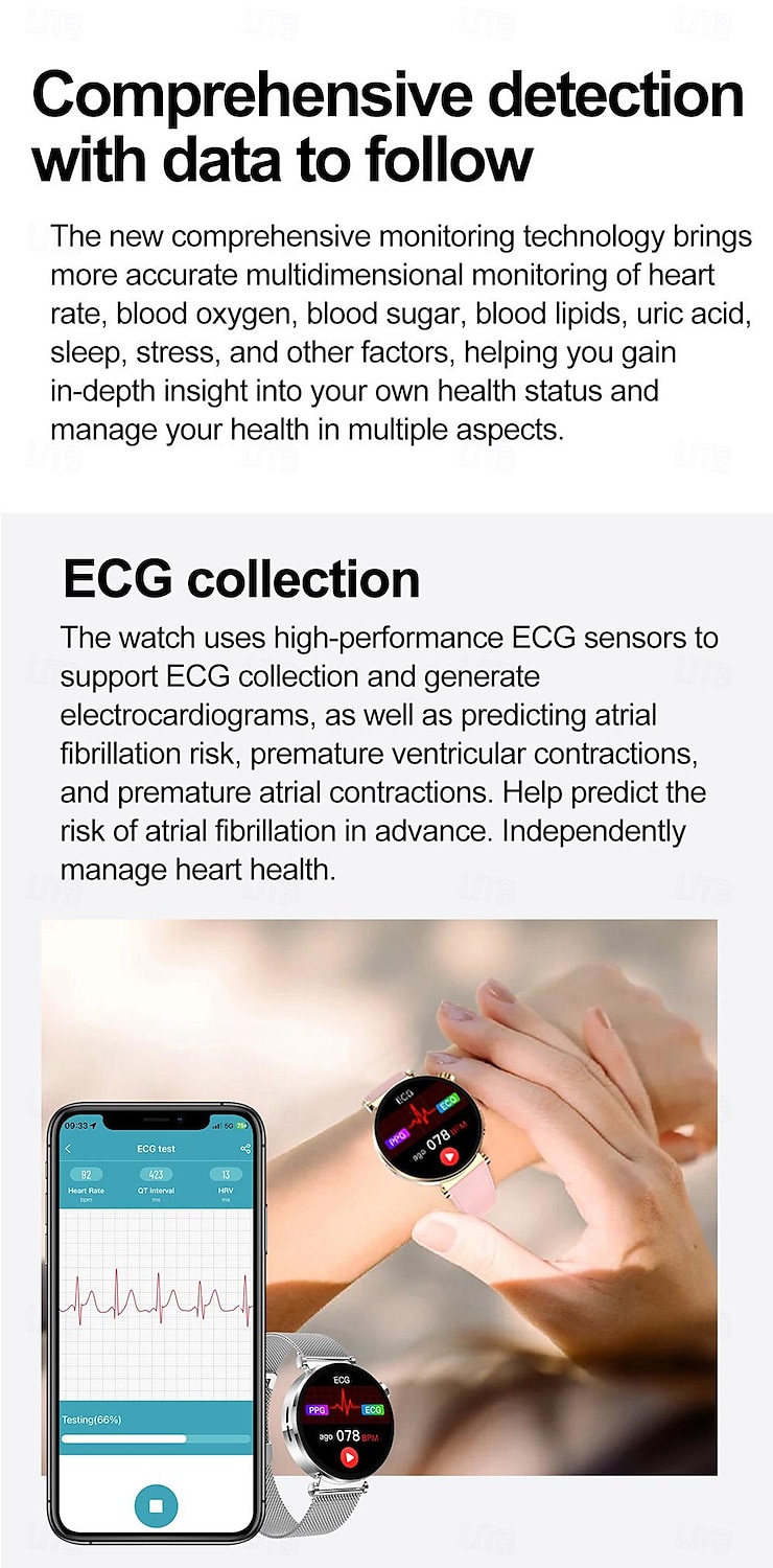 2025年 iMosi ECG PPG女性用スマートウォッチ 1.27インチフルタッチスクリーンBluetooth通話温度モニターペドメーターAndroid iOS対応ハンズフリー通話防水IP68  コレクション – $78.99 –P7