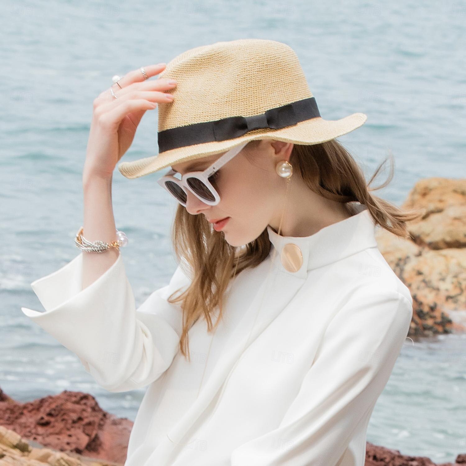 Chapeaux Fibre naturelle Paille Chapeau de seau Chapeau de Paille Chapeau de soleil Mariage Casual simple Classique Avec Ruban Casque Couvre-chef de 2025 ? $30.99 –P2