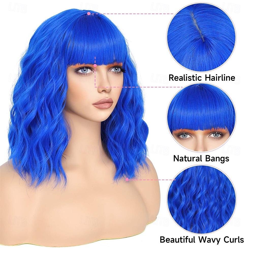 Bob Wig With Bangs Short Wavy Blue Wig Women Synthetic Colored Bachelorette Wigs Shoulder Length Party Halloween Christmas Fun Cosplay Wigs 2025 - $26.99 –P3