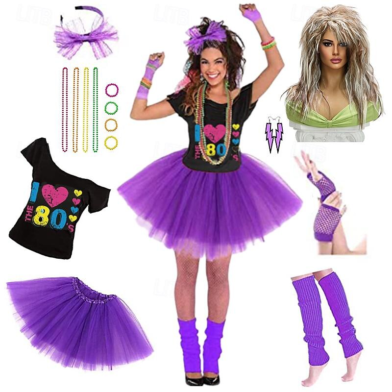 Disco Años 80 Y2K Falda Accesorios T-Shirt Retro Sin Cuello Mujer Chica Fiesta y Noche Discoteca Desfile del orgullo Adulto Más Accesorios Primavera verano 2025 - $54.99 –P16