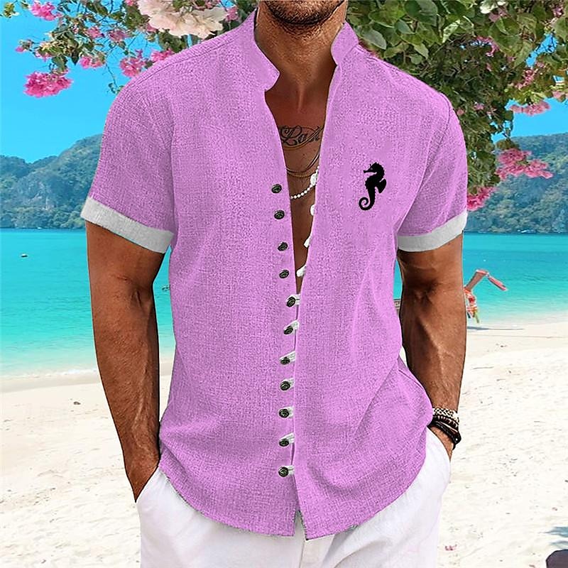 Homme Chemise hawaïenne Chemise Aloha Chemises imprimées Manches courtes Chemise Col Mao Hawaïen Station balnéaire Vacances Hawaïen Rose Claire Bleu Violet S M L de 2025 ? $22.99 –P5